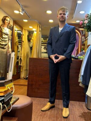 Navy Pinstripe Double-Breasted Suit – Modern Refinement